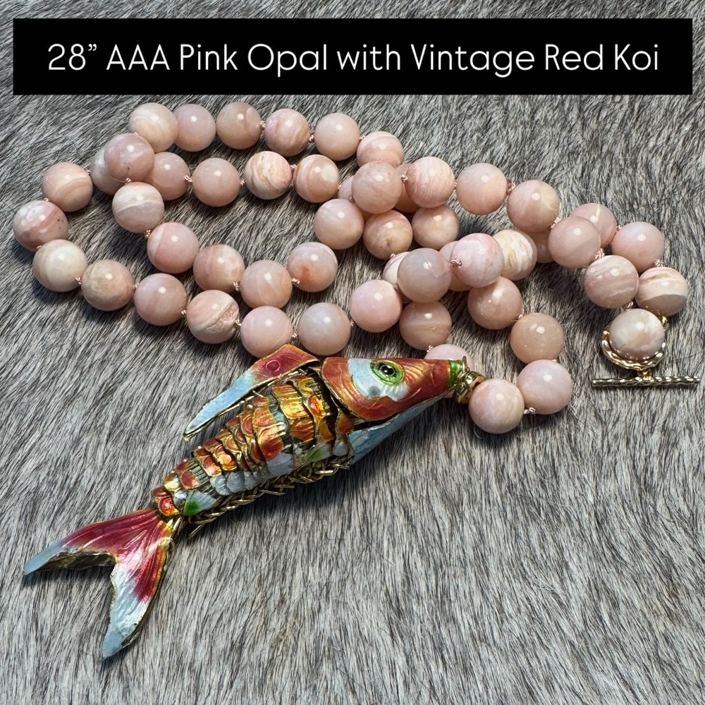 AAA Pink Opal Necklace with Vintage Red Koi Pendant